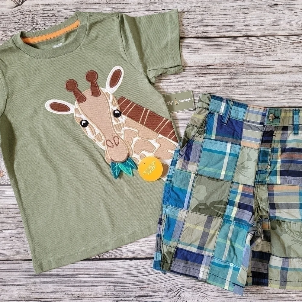 Gymboree Outfit Giraffe T-Shirt Binoculars Tank Top Patchwork Shorts Outfit NWT